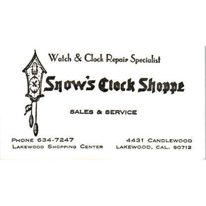 Snow's Clock Shoppe Lakewood CA Vintage Business Card SE3-B6