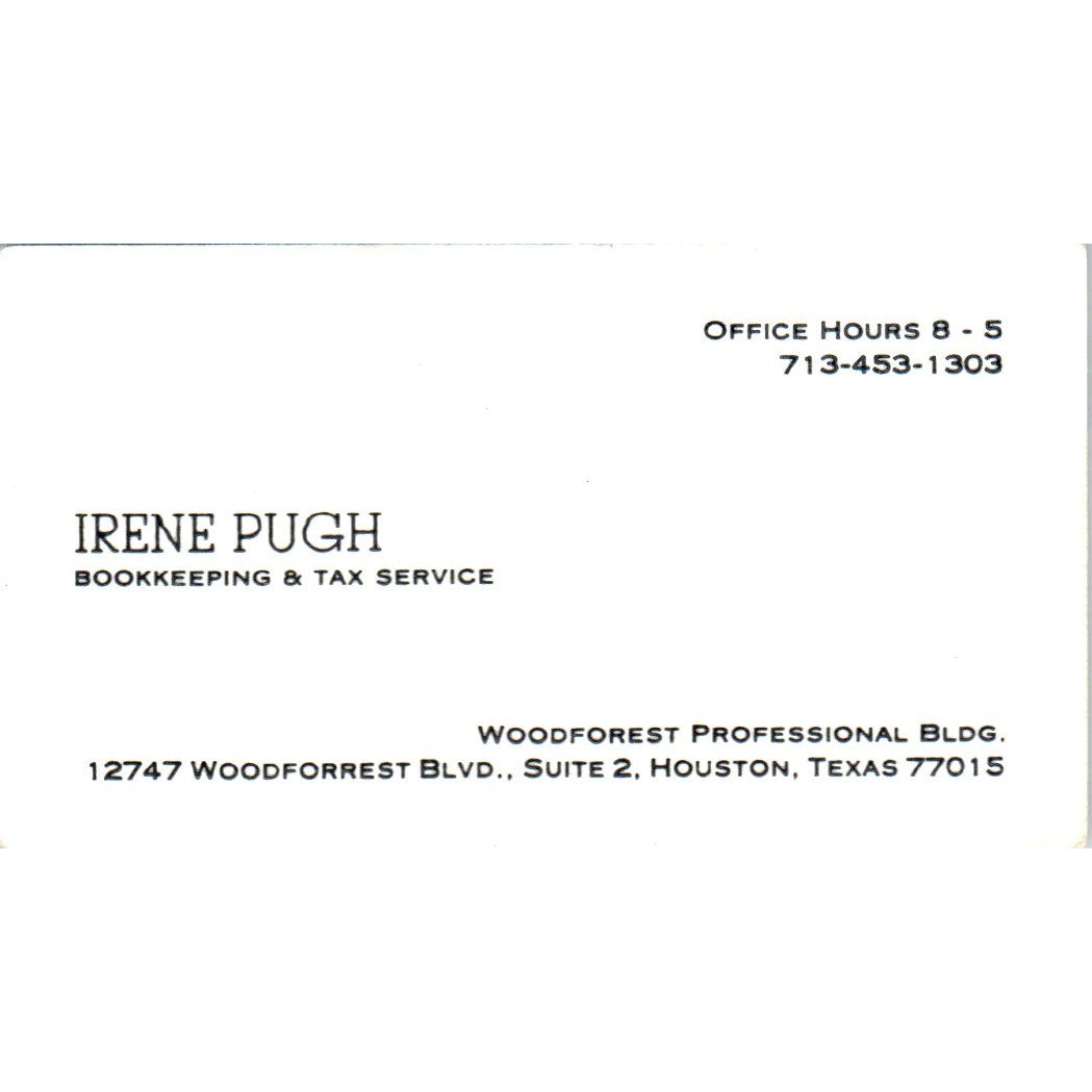 Irene Pugh Bookkeeping Houston TX Vintage Business Card SD8-B9