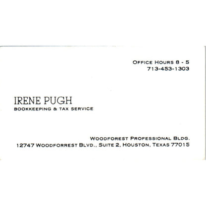 Irene Pugh Bookkeeping Houston TX Vintage Business Card SD8-B9