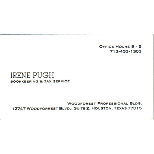 Irene Pugh Bookkeeping Houston TX Vintage Business Card SD8-B9