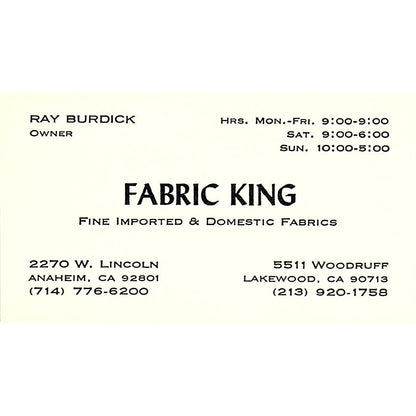 Fabric King Ray Burdick Anaheim CA Vintage Business Card SSB4-B12