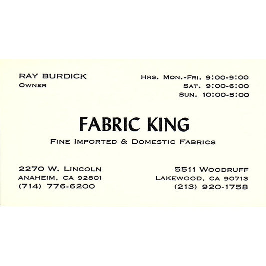 Fabric King Ray Burdick Anaheim CA Vintage Business Card SSB4-B12