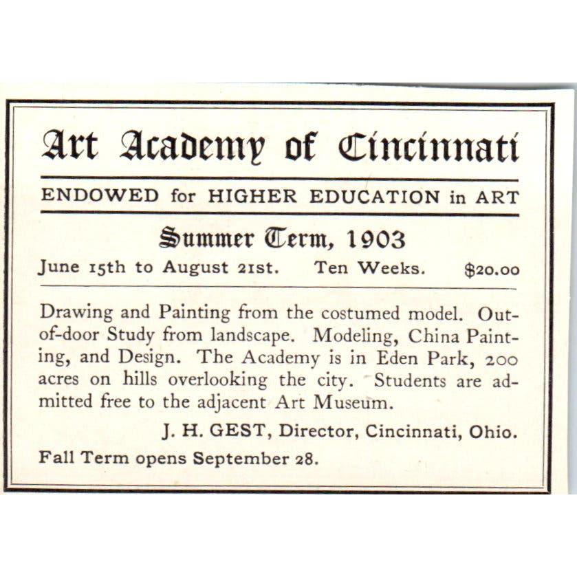 1903 Art Academy of Cincinnati Summer Term Victorian Ad AE9-MA12