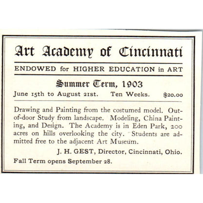 1903 Art Academy of Cincinnati Summer Term Victorian Ad AE9-MA12