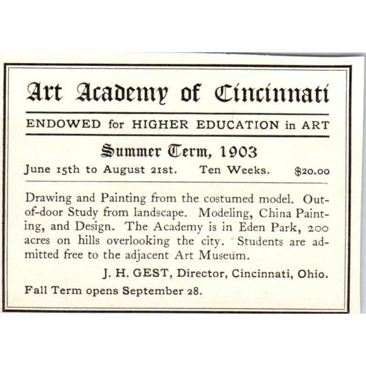 1903 Art Academy of Cincinnati Summer Term Victorian Ad AE9-MA12
