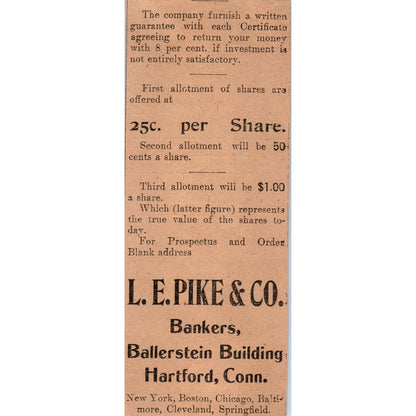 L.E. Pike & Co Bankers Ballerstein Bldg Hartford 1901 Newspaper Ad AD8-H3