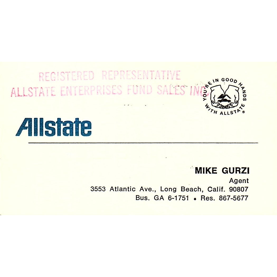 Mike Gurzi Allstate Ins Long Beach CA Vintage Business Card SD9-B2