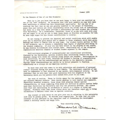 1960 University of Wisconsin Madison Dean Theodore Zillman Letter to Parents J16