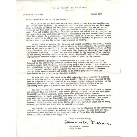 1960 University of Wisconsin Madison Dean Theodore Zillman Letter to Parents J16