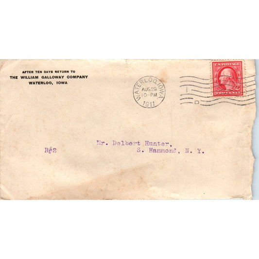 1911 William Galloway Company Waterloo Iowa Postal Cover Envelope AE6