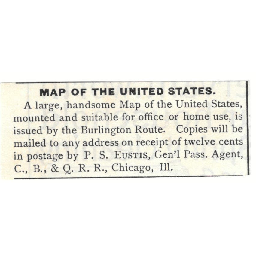 USA Map P.S. Eustis C.,B. & Q. R. R. Chicago c1890 Victorian Ad AE9-CH3