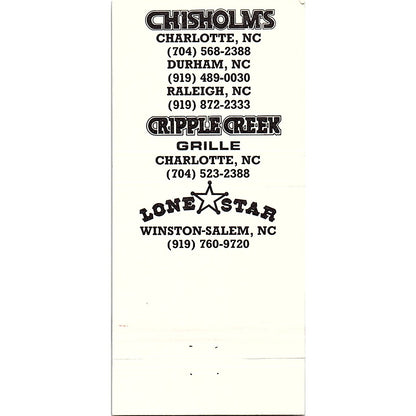 Chisholms Cripple Creek Lone Star Restaurants NC Vintage Matchbook TB6-MB2-7