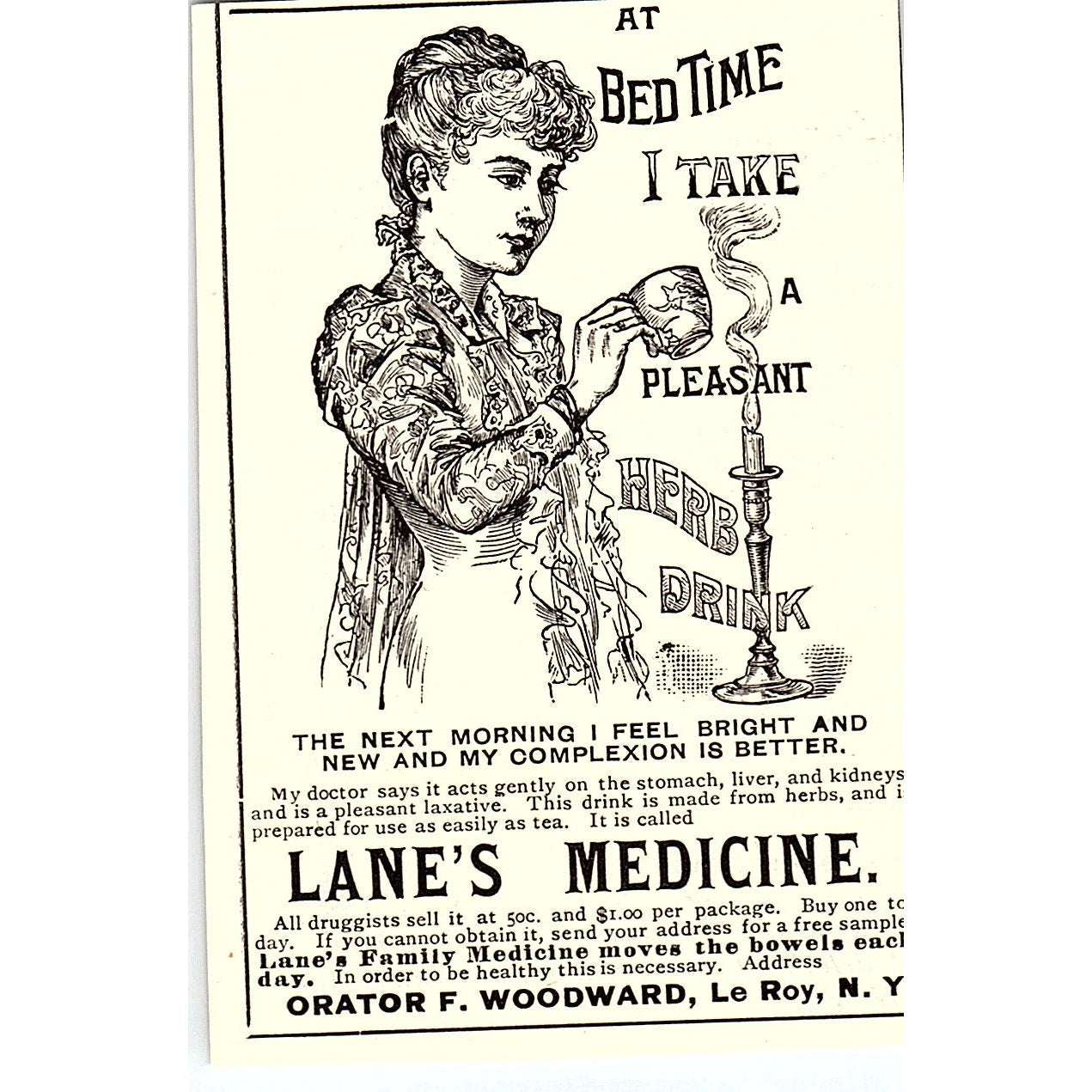 Lane's Medicine Bedtime Herb Drink Orator F Woodward Le Roy NY 1892 Ad AG2-M12