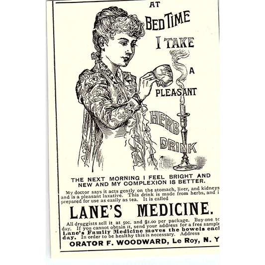 Lane's Medicine Bedtime Herb Drink Orator F Woodward Le Roy NY 1892 Ad AG2-M12
