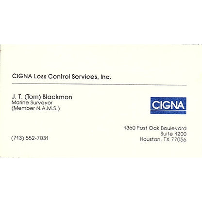 J.T. Tom Blackmon Cigna Loss Control Houston Vintage Business Card SD9-B6