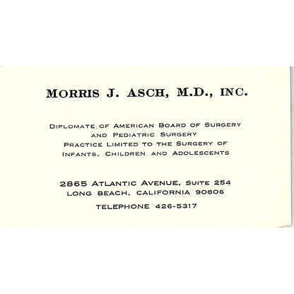 Pediatric And Surgery, Morris J. Asch, Long Beach, CA Business Card SF3-B9