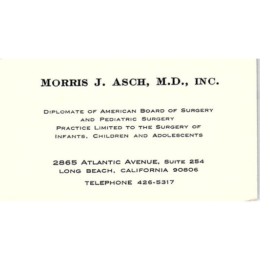 Pediatric And Surgery, Morris J. Asch, Long Beach, CA Business Card SF3-B9