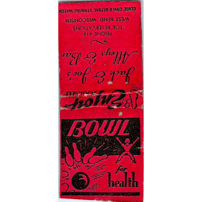 Jack & Joes Alleys & Bar West Bend WI Vintage Matchbook Cover SF4-Y4