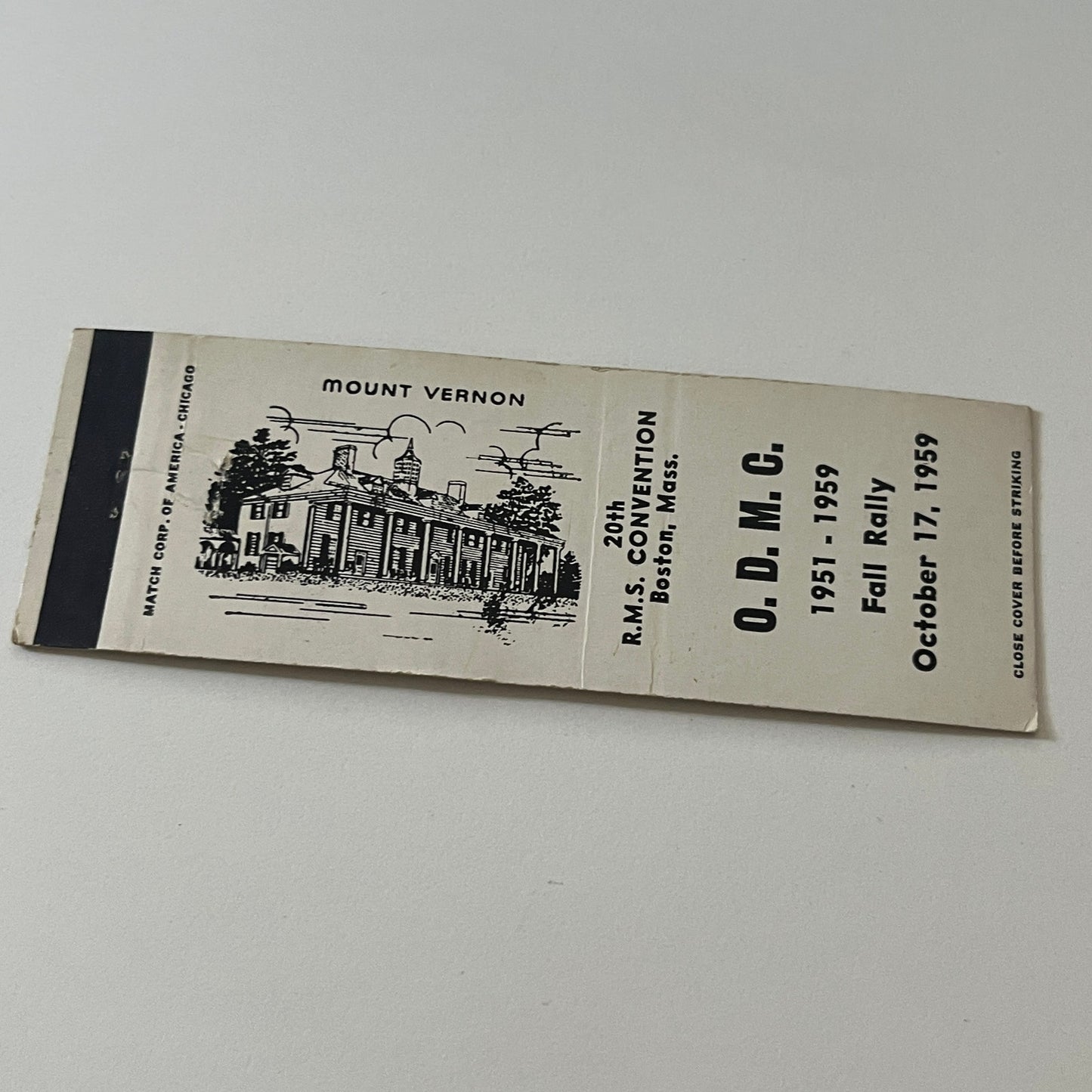 1959 ODMC Fall Rally RMS Convention Boston Vintage Matchbook Cover MB59-4