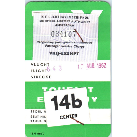 1963 Boarding Pass N.V. Luchthaven Schiphol Airport Authority Amsterdam AE2