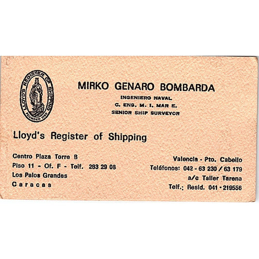 Mirko Genaro Bombarda Valencia Pto Cabello Vintage Business Card SD9-B8