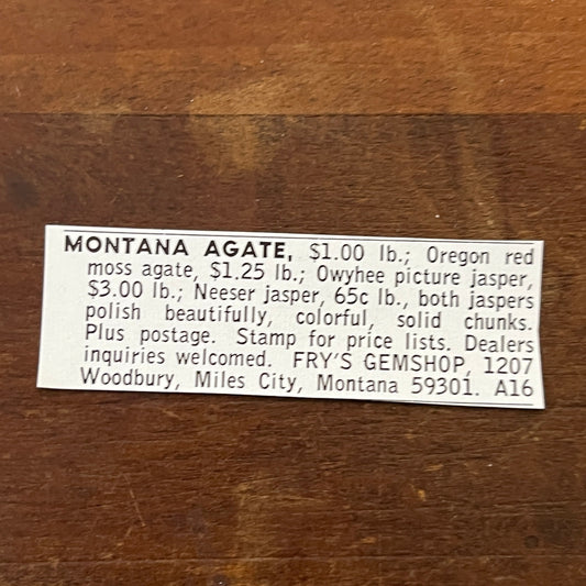 Fry's Gemshop Montana Agate Miles City MT 1972 Ad AF8-S12