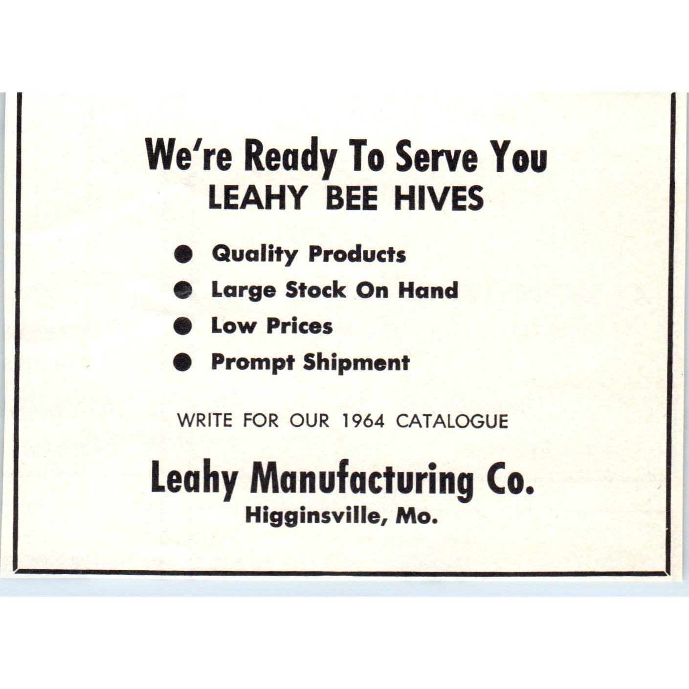 Leahy Bee Hives Leahy Mfg Co Higginsville MO 1964 Magazine Ad AB6-LB