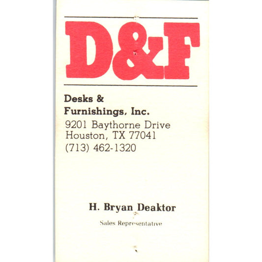 H. Bryan Deaktor D&F Desks & Furnishings Houston Vintage Business Card SD8-B20