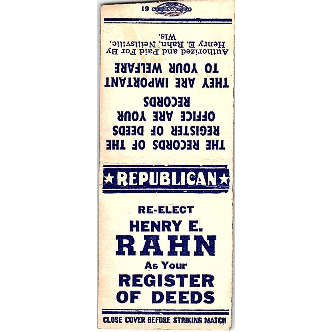 Henry E Rahn Republican Register of Deeds Neillsville WI Matchbook Cover SC7-Y7