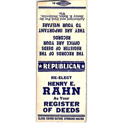 Henry E Rahn Republican Register of Deeds Neillsville WI Matchbook Cover SC7-Y7