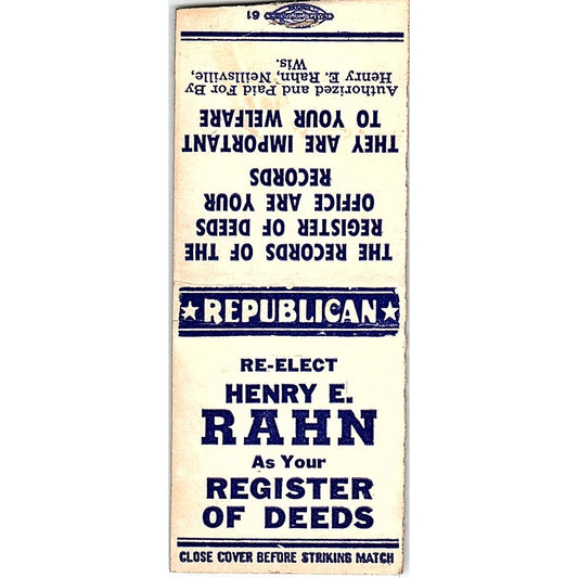 Henry E Rahn Republican Register of Deeds Neillsville WI Matchbook Cover SC7-Y7