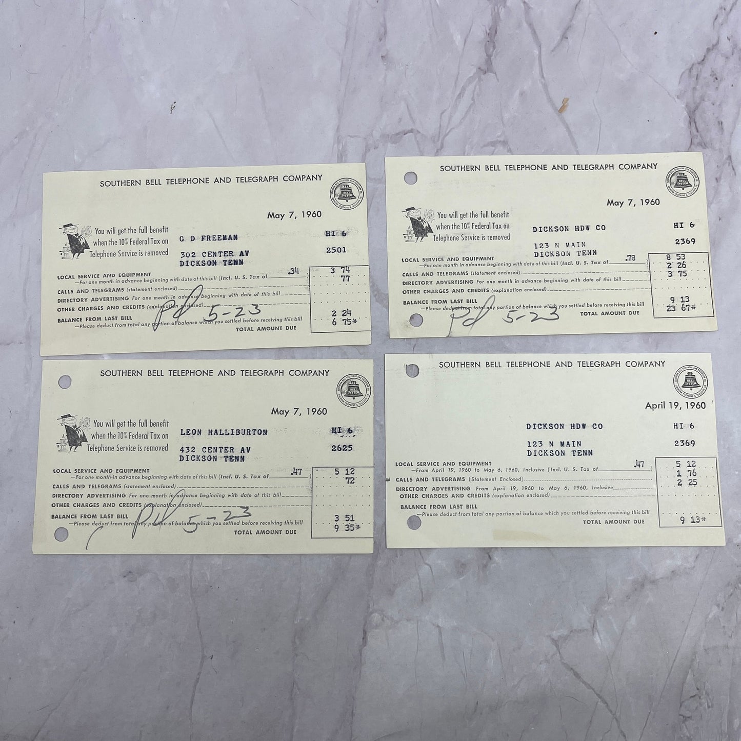 1960 Southern Bell Telephone Co Dickson Tennessee Bill Stubs Lot of 4 TC5-RD