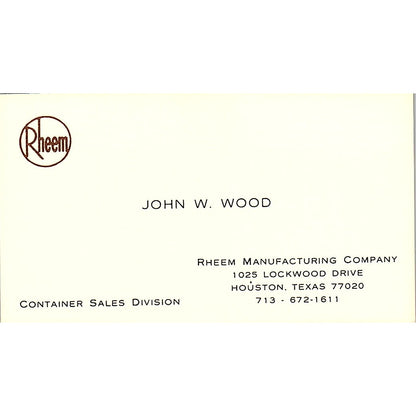 John W Wood Rheem Mfg Co Houston TX Vintage Business Card SD9-B5