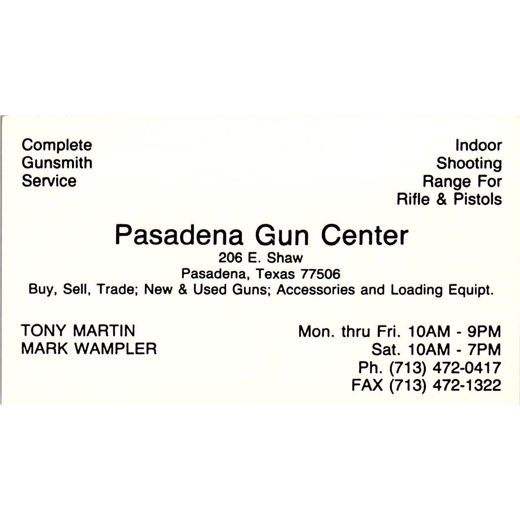 Tony Martin Mark Wampler Pasadena TX Gunsmith Vintage Business Card SC9-B1