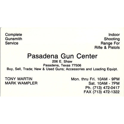 Tony Martin Mark Wampler Pasadena TX Gunsmith Vintage Business Card SC9-B1