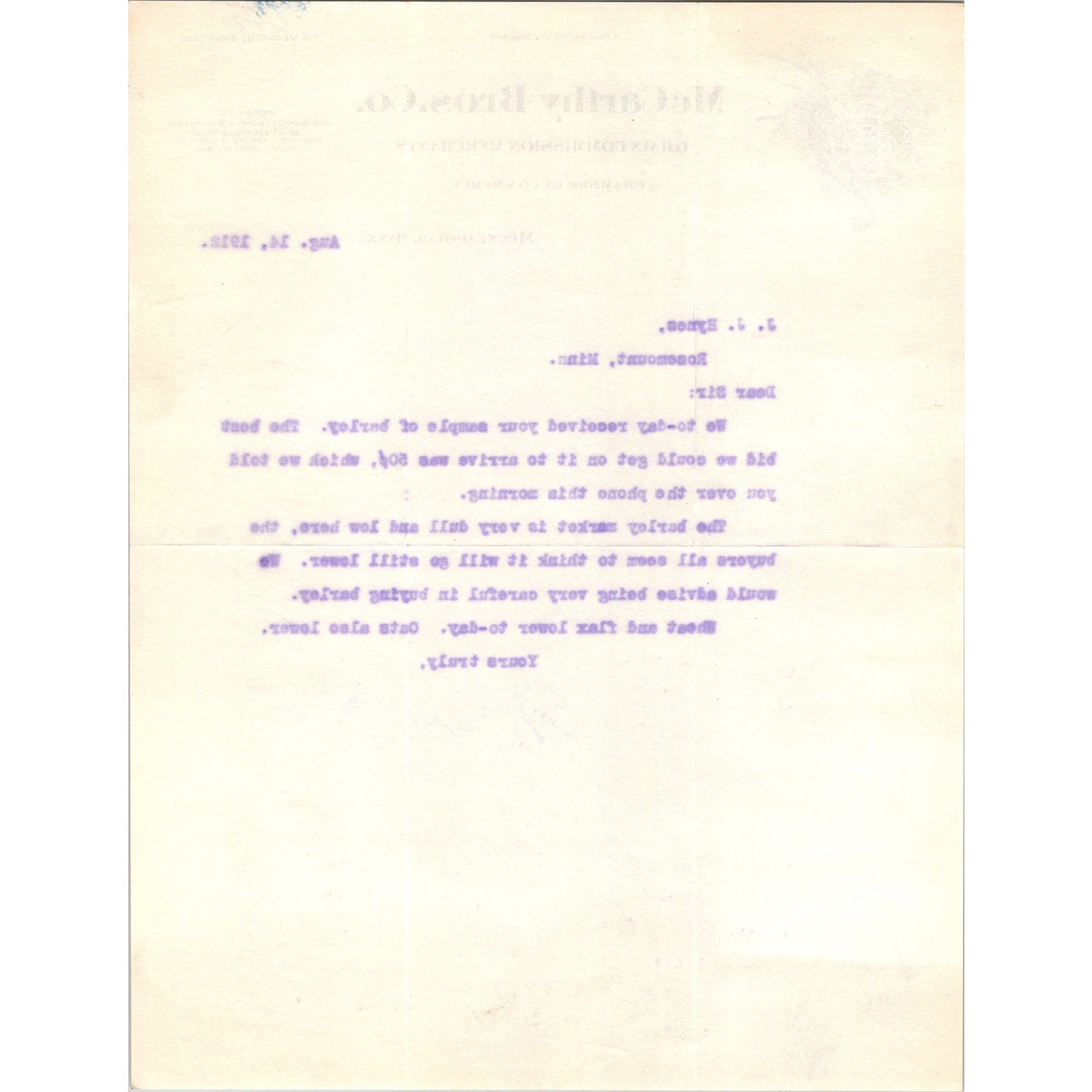 McCarthy Bros Co. Grain Commission Minneapolis MN c1912 Letterhead Billhead K24