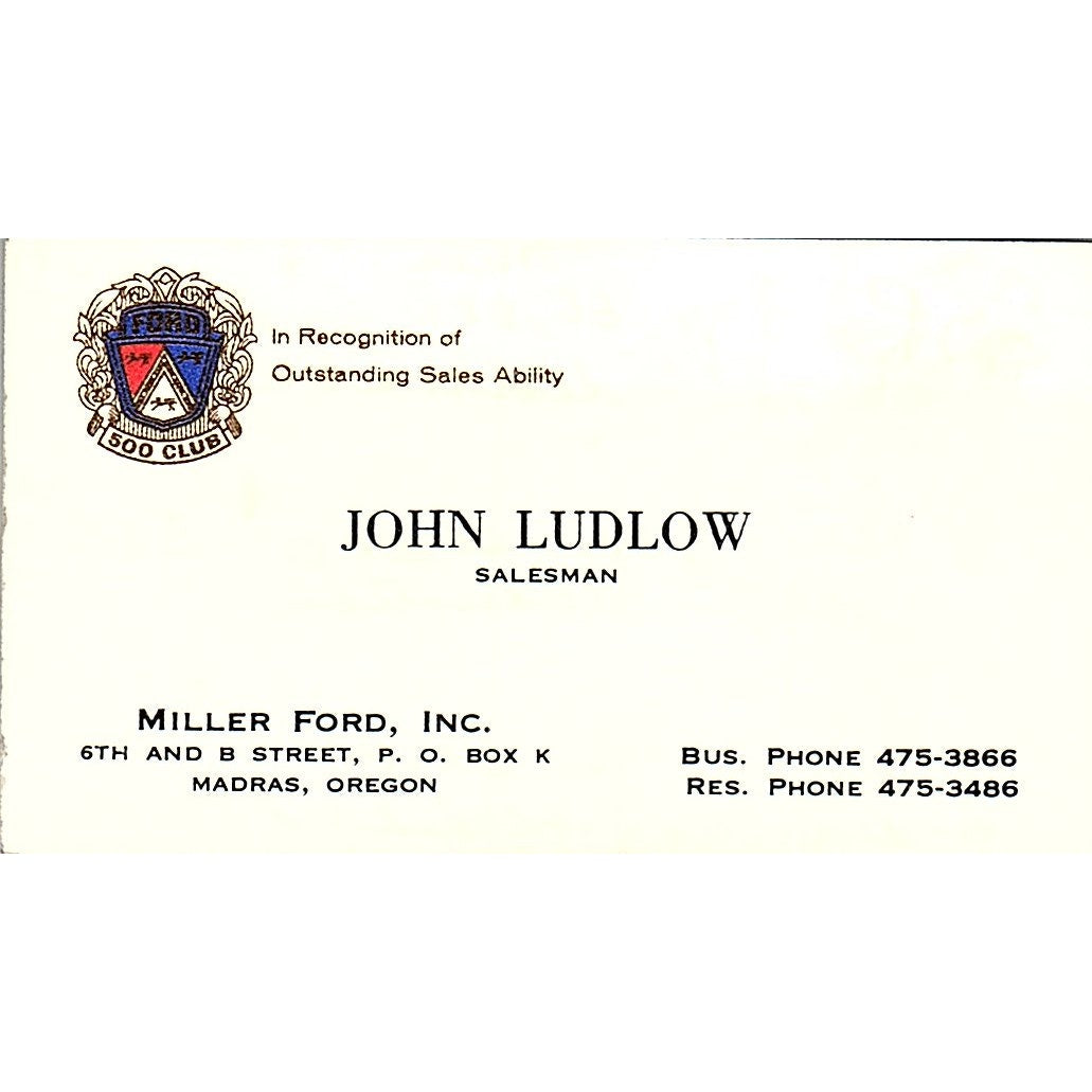 Miller Ford Inc. John Ludlow Madras Oregon Vintage Business Card SF3-B2