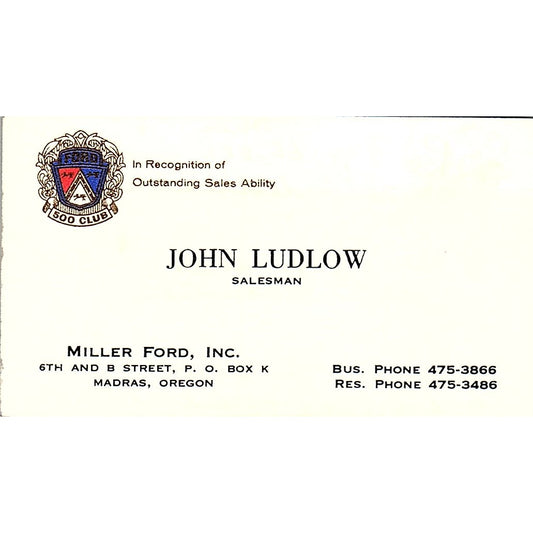 Miller Ford Inc. John Ludlow Madras Oregon Vintage Business Card SF3-B2