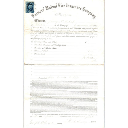 1870 Farmers Mutual Fire Ins Co Policy J.P. Welch West Topsham VT AF7-E7