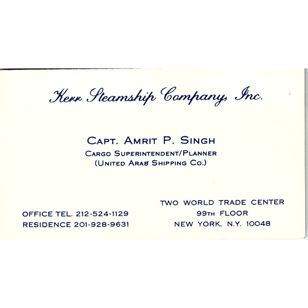 Capt Amrit P Singh Kerr Steamship Co NY Vintage Business Card SC9-B4