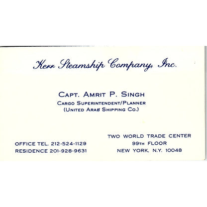 Capt Amrit P Singh Kerr Steamship Co NY Vintage Business Card SC9-B4