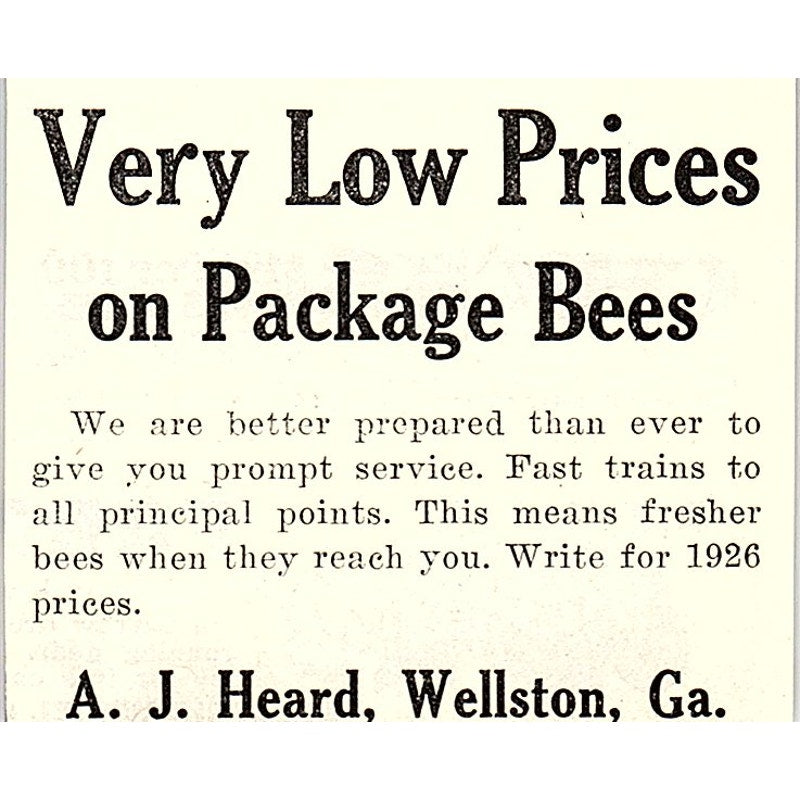 A.J. Heard Package Bees Wellston GA 1926 Ad AG3-S23