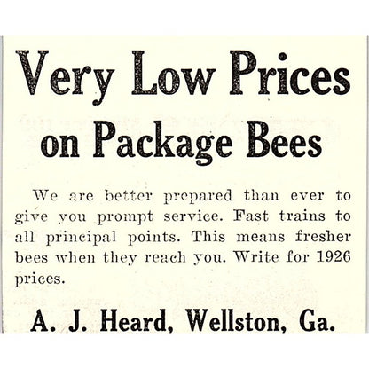 A.J. Heard Package Bees Wellston GA 1926 Ad AG3-S23