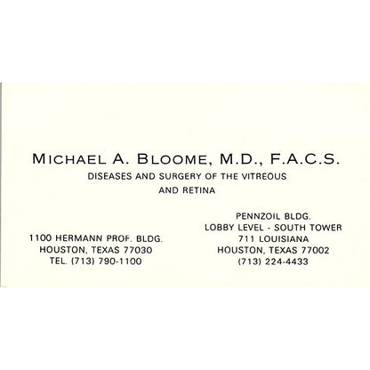 Michael A. Bloome  Surgery of Retina Houston Texas Vintage Business Card SB4-B5