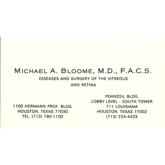 Michael A. Bloome  Surgery of Retina Houston Texas Vintage Business Card SB4-B5