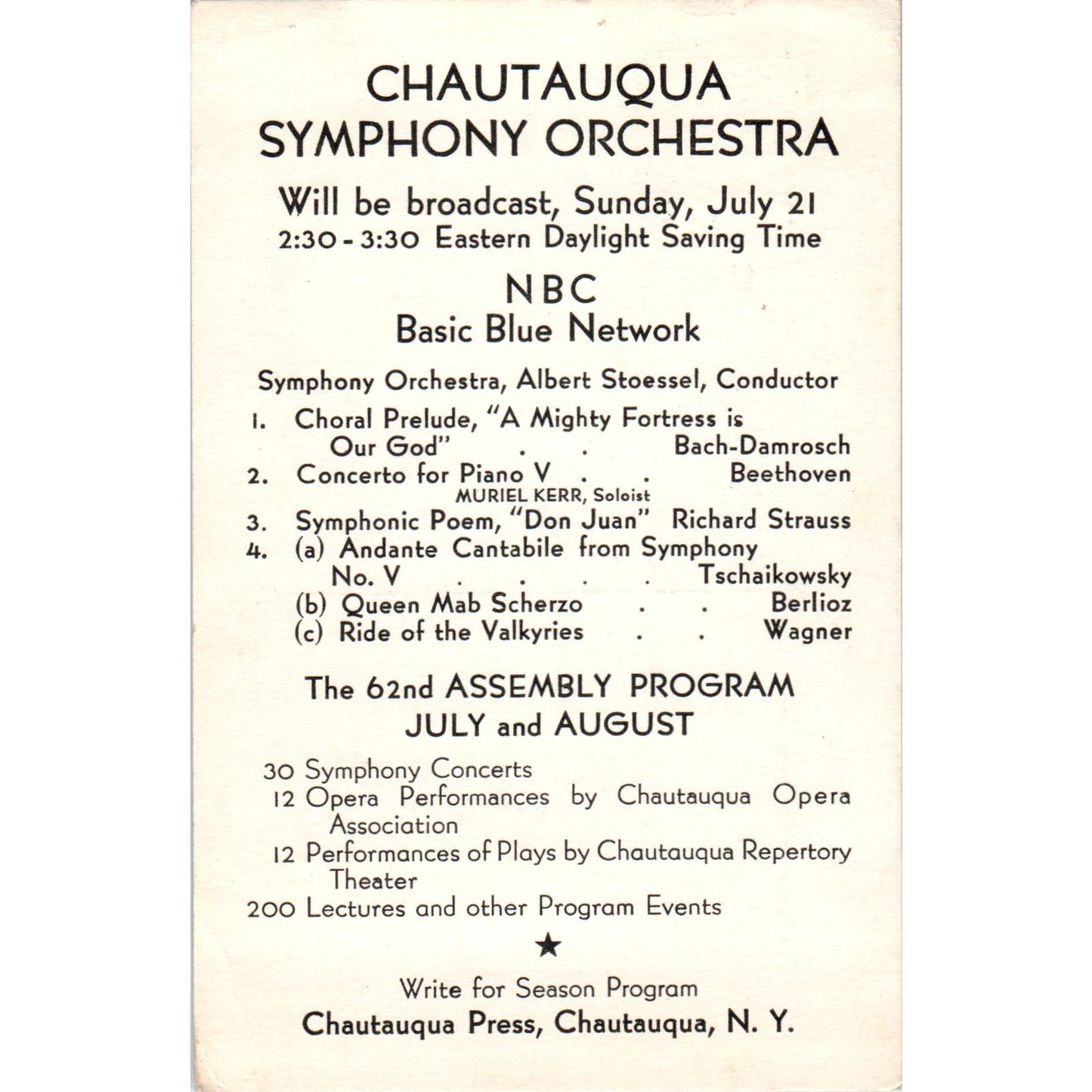 1935 NBC Radio Broadcast Concert Chautauqua Orchestra Advertising Postcard PC7