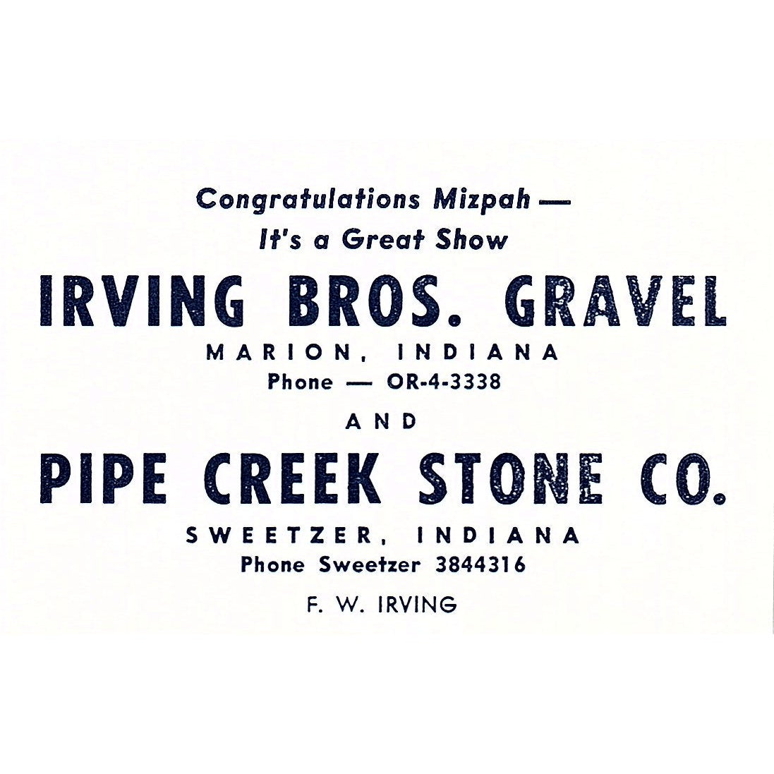 Pipe Creek Stone Co Sweetzer, F.W. Irving Bros Gravel Marion IN 1964 Ad AG1-M6