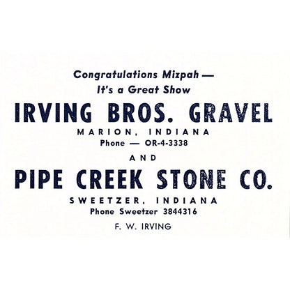 Pipe Creek Stone Co Sweetzer, F.W. Irving Bros Gravel Marion IN 1964 Ad AG1-M6