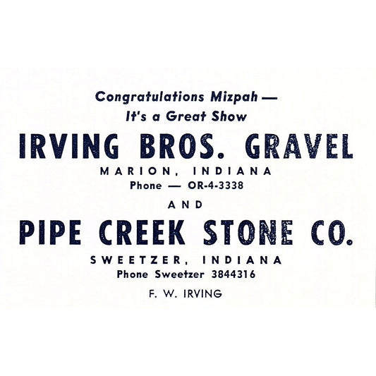 Pipe Creek Stone Co Sweetzer, F.W. Irving Bros Gravel Marion IN 1964 Ad AG1-M6
