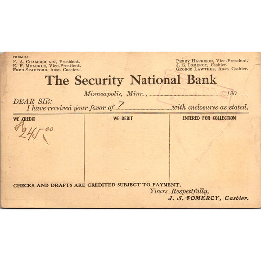 1907 The Security National Bank of Minnesota Postal Mailing Card AJ4-H4